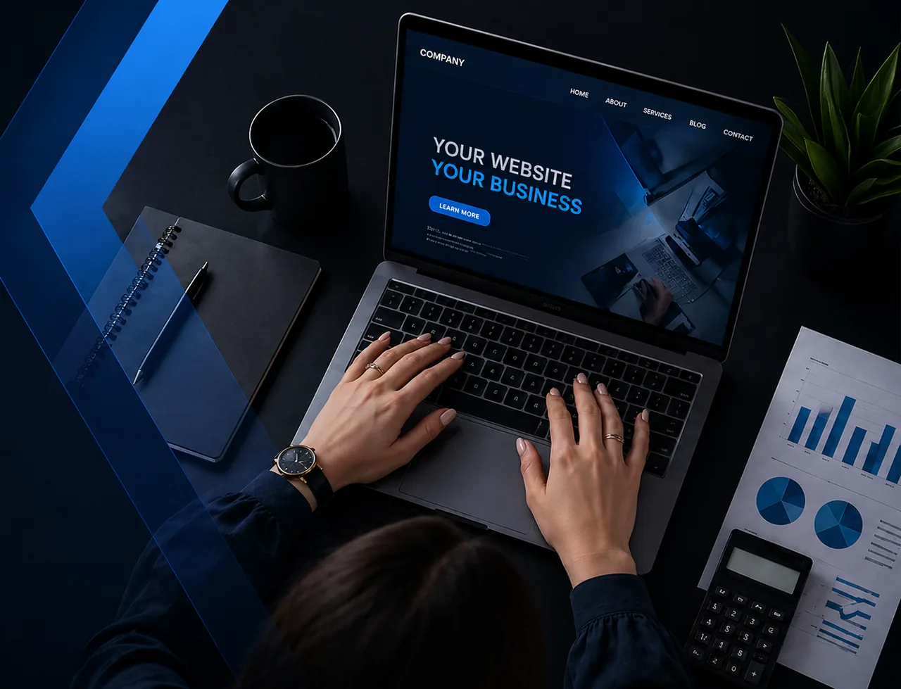 Professional workspace with laptop and keyboard